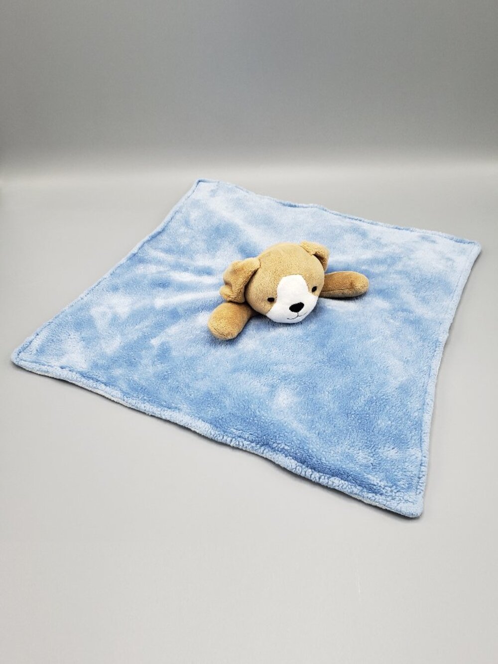 Carters Lovey Brown Puppy Dog Plush Blue Baby Security Blanket 14" Square Clean